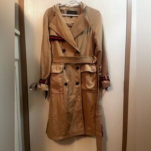 NWOT Rachel Roy Grosgrain Trim Tan Trench Coat Red/Black Ribbon Accents Sz Small